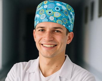 Eye Surgeon Scrub Cap: Blue Ophthalmology Print, Adjustable Cotton Hat