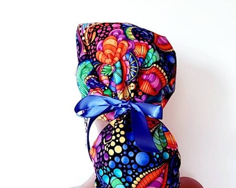 Satin Lined Scrub Cap-Floral scrub caps- Ponytail Scrub Hat with Ribbon Ties-Long hair hat- Gifts for Mom/Nurse- Protect Hair w/Satin