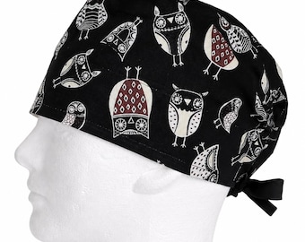 Owl Print Cotton Scrub Cap – Tie-Back Nursing Hat