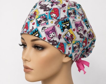 Pink Kawaii Scrub Cap | Cute Cartoon Nurse Hat | Handmade anime scrub cap/  Cotton Surgical Cap | Tie Back Medical Cap