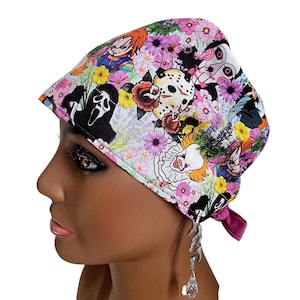 Horror Movie Scrub Cap Michael & Friends, Tie-Back Cotton Hat-Funny Scrub Cap, Scrub Hat Halloween Medical/ Doctor/CNA/Ortho/Nephrology gift