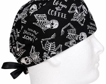 Coffee Skull Print Scrub Cap - Handmade Cotton Surgical Hat