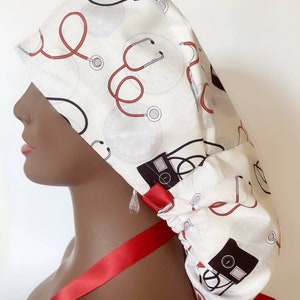 Stethoscope surgical hats/Nurse gift./Women ponytail scrub cap with buttons/Graduation medical gift scrub hats 100% cotton scrub hat