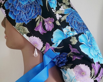 Floral ponytail scrub cap-Surgical cap. Multicolor hat for woman with buttons. Nurse scrub hats-Ponytail surgical hat - Blue scrub hat