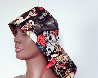 Skull Tattoo Ponytail Scrub Cap: Gothic Nurse Hat, Stripe Print