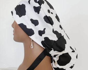 Cow Print Ponytail Scrub Cap: Women's Cotton Surgical Hat with Buttons