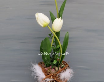 Frühlingsgesteck, Vintage Deko, Deko, Gesteck, weiße Tulpen "weiße Tulpen"
