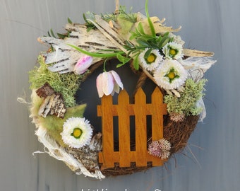 Door wreath, door decoration, wreath, door wreaths "Flowers behind the fence"