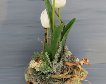 Spring arrangement, arrangement, white tulips "cork bark filled with white tulips"