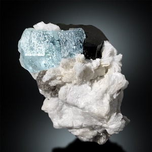 Etched Aquamarine Crystal on Black Tourmaline Schorl and Albite, Aquamarine Minerals, Aquamarine For Sale 179 Gram