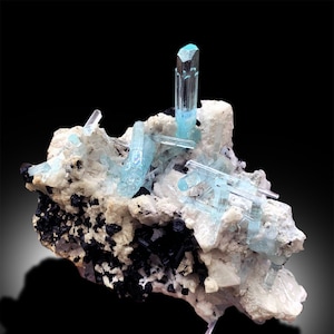 Aquamarine Crystals, Tourmaline Specimen, Aquamarine Specimen, Aquamarines with Schorl, Top Grade Aquamarine Specimen from Skardu, 601g