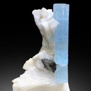 Sky Blue Aquamarine Crystal with Black Tourmaline and Feldspar - Pakistan