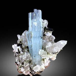 Blue Aquamarine Crystals with Schorl Tourmalines and Quartz, Aquamarine Specimen from Shigar valley Skardu Pakistan - 60 gram
