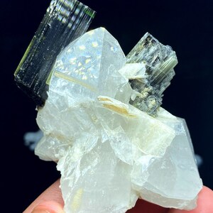 May include: A cluster of clear quartz crystals with green and black tourmaline crystals. The quartz crystals are translucent and have a slight iridescent sheen. The tourmaline crystals are opaque and have a striated texture.