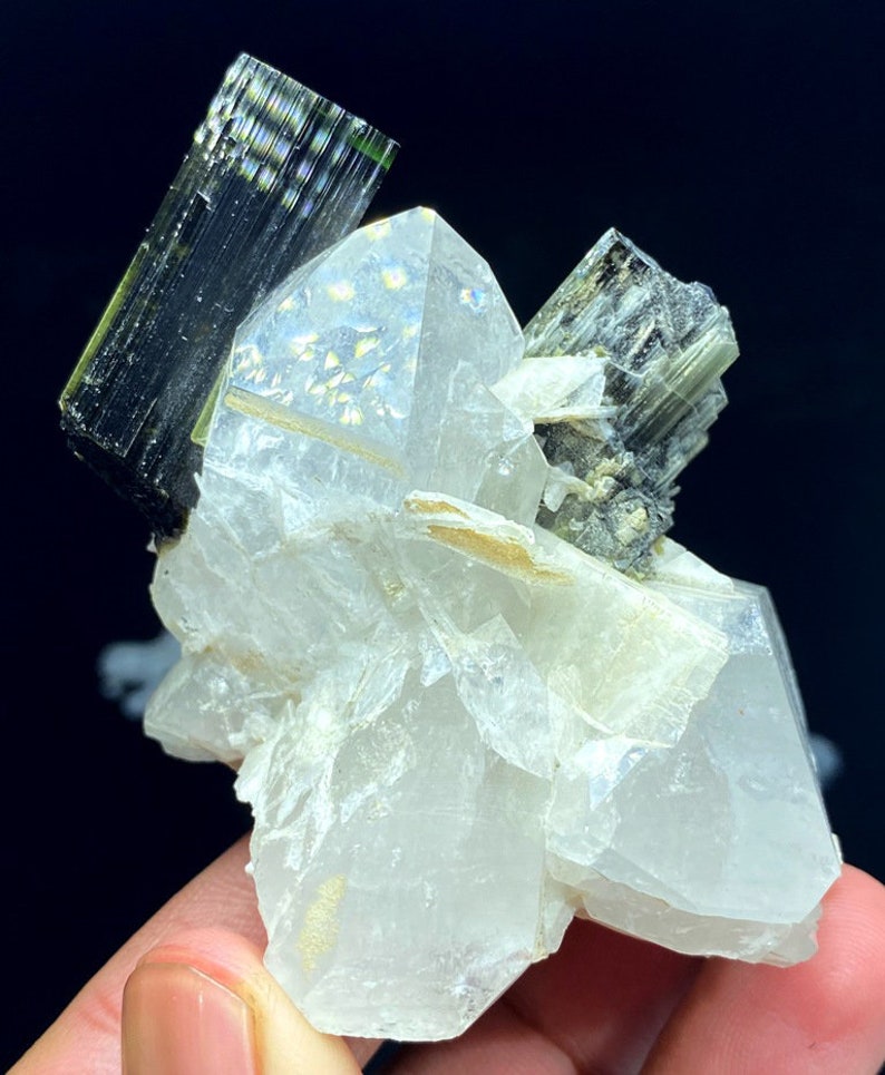 May include: A cluster of clear quartz crystals with green and black tourmaline crystals. The quartz crystals are translucent and have a slight iridescent sheen. The tourmaline crystals are opaque and have a striated texture.