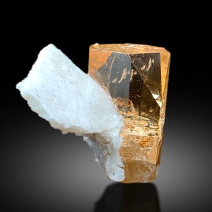 May include: A large, clear, orange-brown topaz crystal with a white, opaque, mineral matrix.