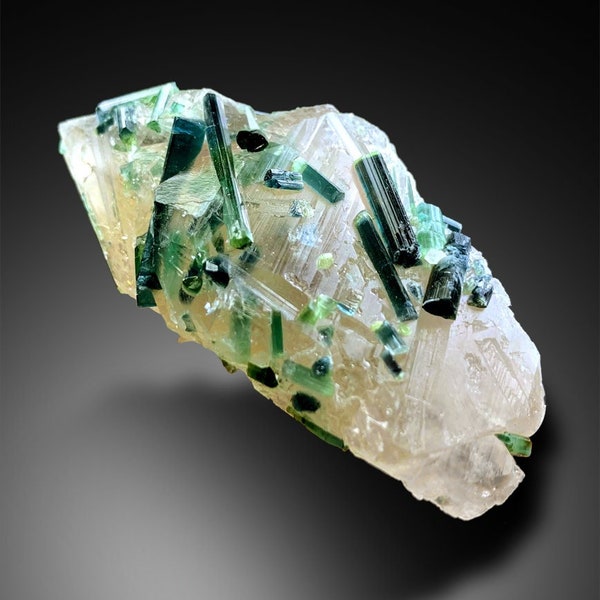 Blue Green Tourmaline Crystals on Quartz, Tourmaline Cluster, Smokey Quartz, Mineral Specimen, Raw Tourmaline, Fine Mineral, 40g
