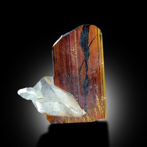Op de afbeelding: Een rood, zwart en gouden kristal met een helder kwartskristal eraan bevestigd. Het kristal is een natuurlijk exemplaar en heeft een uniek, gestreept patroon.
