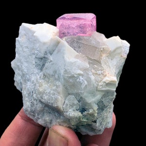 May include: A pink crystal, likely a tourmaline, sits atop a white and gray rock matrix. The crystal is well-formed and has a sharp, geometric shape.
