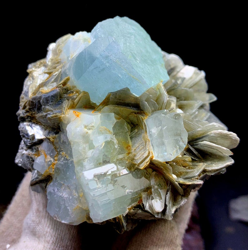 May include: A cluster of aquamarine crystals embedded in a matrix of gray and brown mica. The aquamarine crystals are clear and have a light blue color. The mica is flaky and has a metallic sheen.