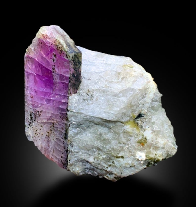 May include: A vibrant pink ruby crystal embedded in a matrix of white quartz. The ruby has a striated surface and is partially covered in black inclusions. The quartz matrix is rough and textured.