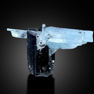 Blue Colour Aquamarine on Tourmaline, Aquamarine Specimen, Tourmaline Specimen, Aquamarine Crystal, Schorl Crystal, Raw Aquamarine,88g