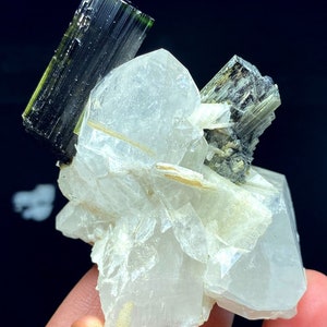 May include: A cluster of clear quartz crystals with two green and black tourmaline crystals. The quartz crystals are translucent and have a glassy luster. The tourmaline crystals are opaque and have a striated surface.