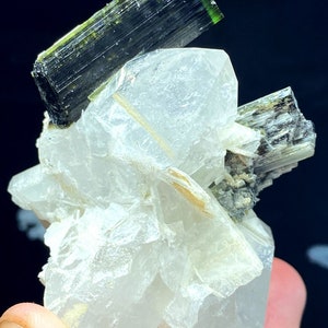 May include: A cluster of clear quartz crystals with two green and black tourmaline crystals on top. The quartz crystals are clear and have a glassy luster. The tourmaline crystals are green and black and have a striated surface.