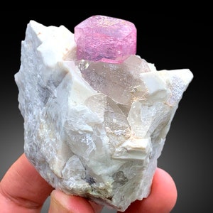 May include: A pink tourmaline crystal on a white matrix of rock. The crystal is faceted and has a translucent appearance.