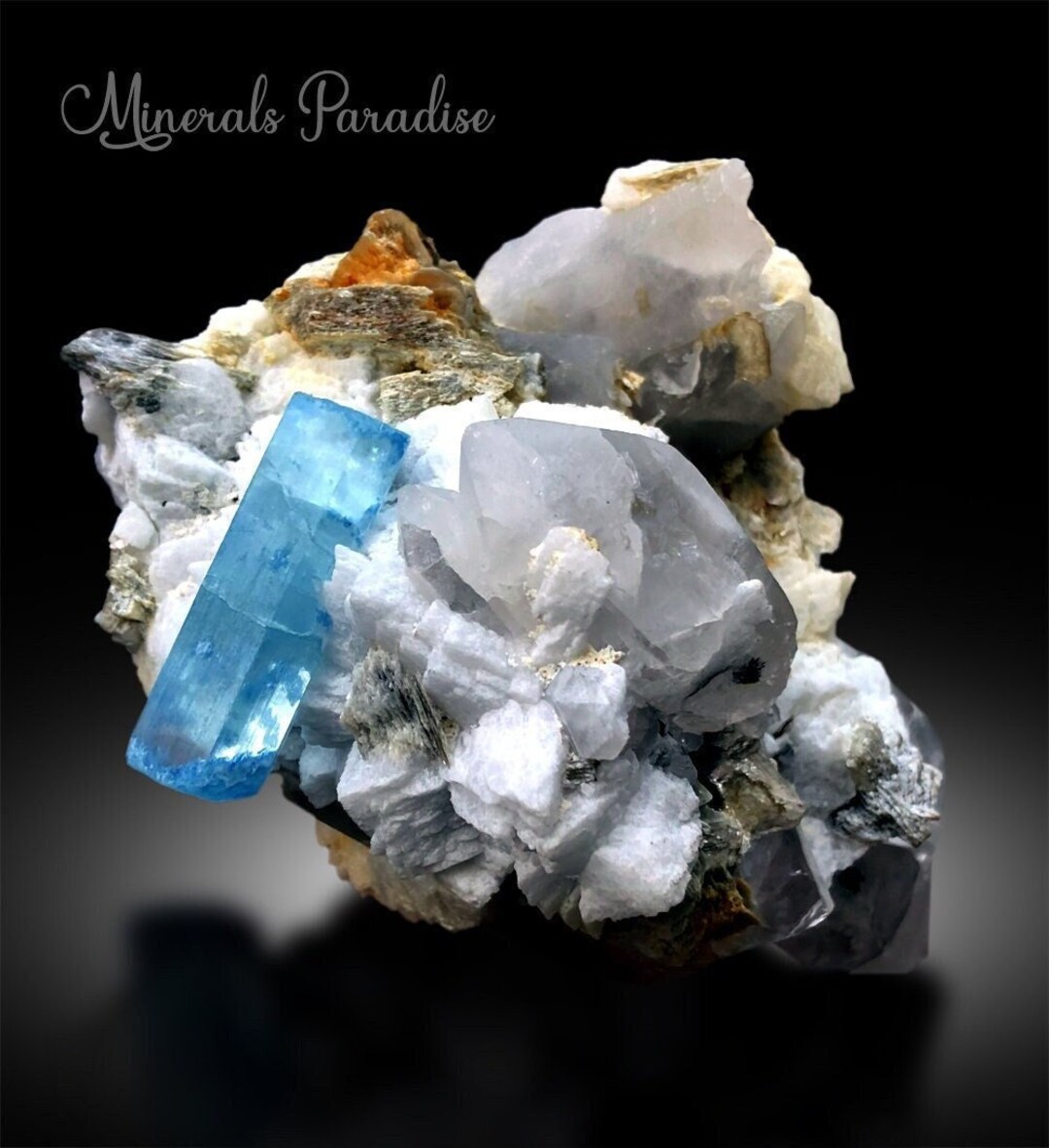 Blue Colour Aquamarine Crystal With Mica, Albite and Quartz, Aquamarine ...