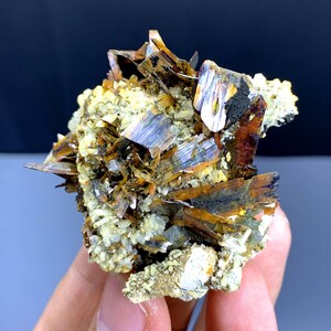 Puede incluir: Primer plano de un espécimen mineral con un grupo de cristales. Los cristales muestran una gama de colores, incluyendo marrón, dorado y azules y púrpuras iridiscentes. La base es de color beige claro, y la textura es áspera y desigual.