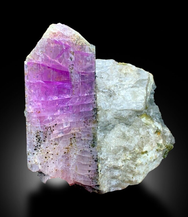 May include: A large, purple, and white crystal with a striated texture. The crystal is embedded in a gray, white, and green rock.