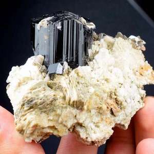 Black Tourmaline Crystal , Schrol Tourmaline with Mica Albite Specimen , Terminated Black Tourmaline from Pakistan - 142 Gram , 85*56*46 mm