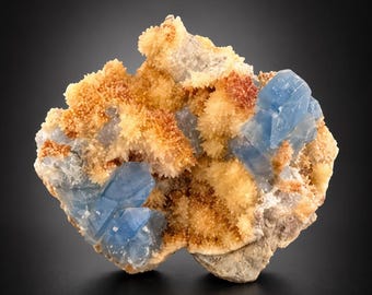 May include: A mineral specimen featuring clusters of translucent, sky-blue crystals embedded within a textured, golden-yellow crystalline matrix. The formation displays sharp, angular blue crystal structures contrasted against the dense, granular yellow surface.
