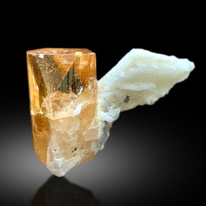 May include: A clear, orange-brown topaz crystal with a white, crystalline matrix. The crystal is sharp and well-formed, with a glassy luster.