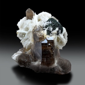 Könnte beinhalten: Ein Cluster aus Rauchquarzkristallen mit einem grünen Mineral und weißen Kristallen. Die Rauchquarzkristalle sind klar und haben eine braune Tönung. Das grüne Mineral ist dunkelgrün und hat eine raue Textur. Die weißen Kristalle sind klein und zart.