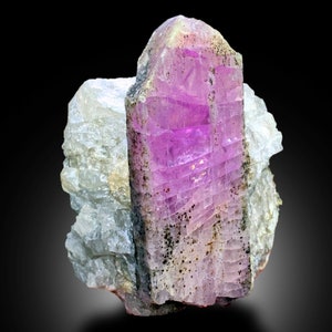 May include: A large, pink, faceted crystal with a striated surface. The crystal is embedded in a matrix of white, gray, and black rock.