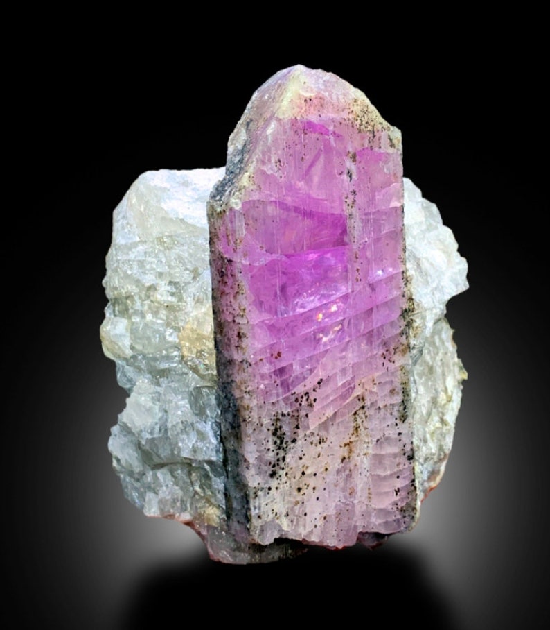 May include: A large, pink, faceted crystal with a striated surface. The crystal is embedded in a matrix of white, gray, and black rock.