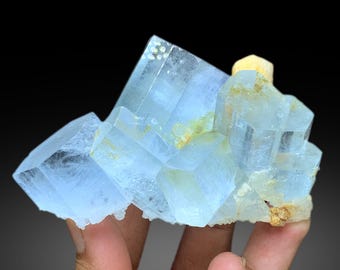 Puede incluir: Un grupo de cristales de aguamarina azul claro con un aspecto vítreo y translúcido. Los cristales están dispuestos en un grupo, con algunos cristales superpuestos a otros. Los cristales tienen una forma afilada y bien definida.