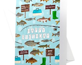 Happy Birthday Fishing Card. Watercolour Card with 11 Watercolour Fish . Great Fun Fishing Birthday Card for keen Angler. See Matching Wrap
