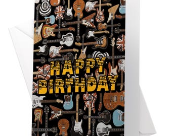 Happy Birthday Guitar Card. Perfect for any Guitar Lover on their Birthday, All Hand Painted Famous Guitars, Models & Owners on Rear of Card