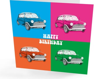 Mini Tarjeta de Cumpleaños, Tarjeta de Cumpleaños Minis. Tarjeta clásica de estilo vintage, perfecta para tarjetas de 50 cumpleaños, 60 cumpleaños y amantes de los coches mínimos.