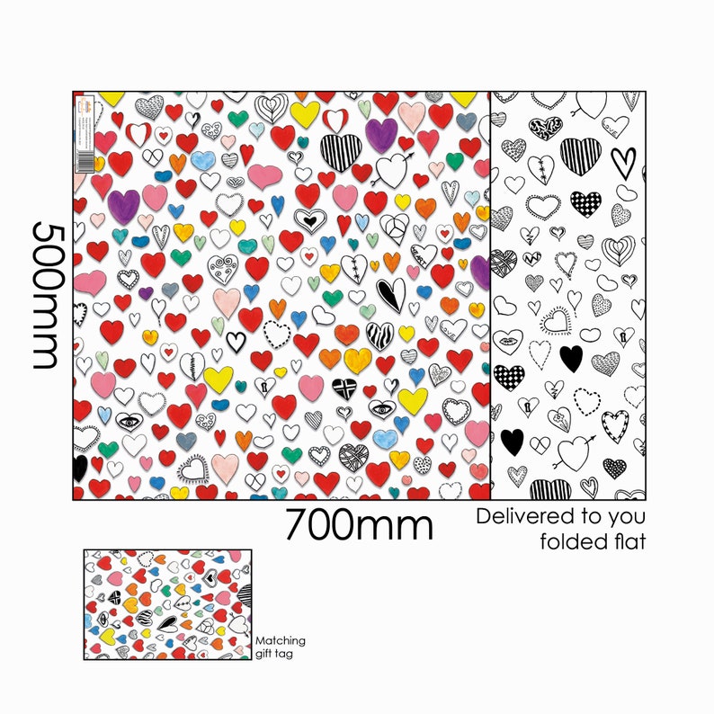 May include: A white wrapping paper with a repeating pattern of colorful hearts. The hearts are drawn in different styles and have various details, including stripes, dots, and arrows. The paper is 700 mm wide and 500 mm tall.  Delivered to you folded flat. Matching gift tag.