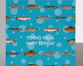 Amusing Birthday Fishing Card. Watercolour Card with 11 Watercolour Fish . Great Fishing Birthday Card for keen Angler. See Matching Wrap