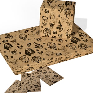 May include: Brown wrapping paper with a repeating pattern of black dog silhouettes. The paper is shown wrapped around a box and in flat sheets.