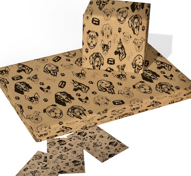 May include: Brown wrapping paper with a repeating pattern of black dog silhouettes. The paper is shown wrapped around a box and in flat sheets.