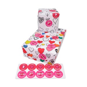3rd Year Anniversary wrap. Luxury Double side printed Hearts Wrapping Paper plus 10 stickers to customise for 3rd Anniversary