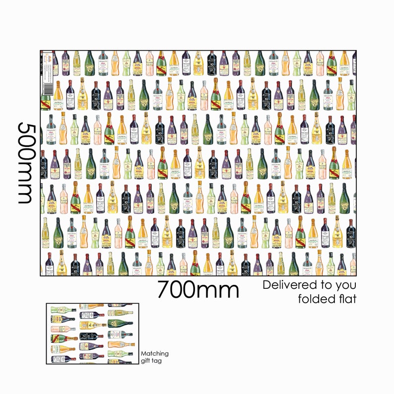 May include: A white wrapping paper with a repeating pattern of colorful wine bottles. The paper is 700 mm by 500 mm and is delivered folded flat. A matching gift tag is included.