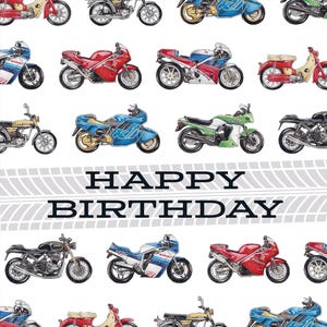 May include: A birthday card with a white background and a gray tire tread border. The card features a colorful illustration of motorcycles and the text "HAPPY BIRTHDAY".