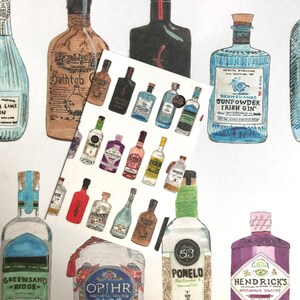 Pu&ograve; includere: Una collezione di bottiglie di gin illustrate con varie etichette e nomi, tra cui "Bath Tub Gin", "Feckin", "Opihr", "Hendricks", "Drumshanbo Gunpowder Irish Gin", "Greensand Ridge" e "Pomelo".